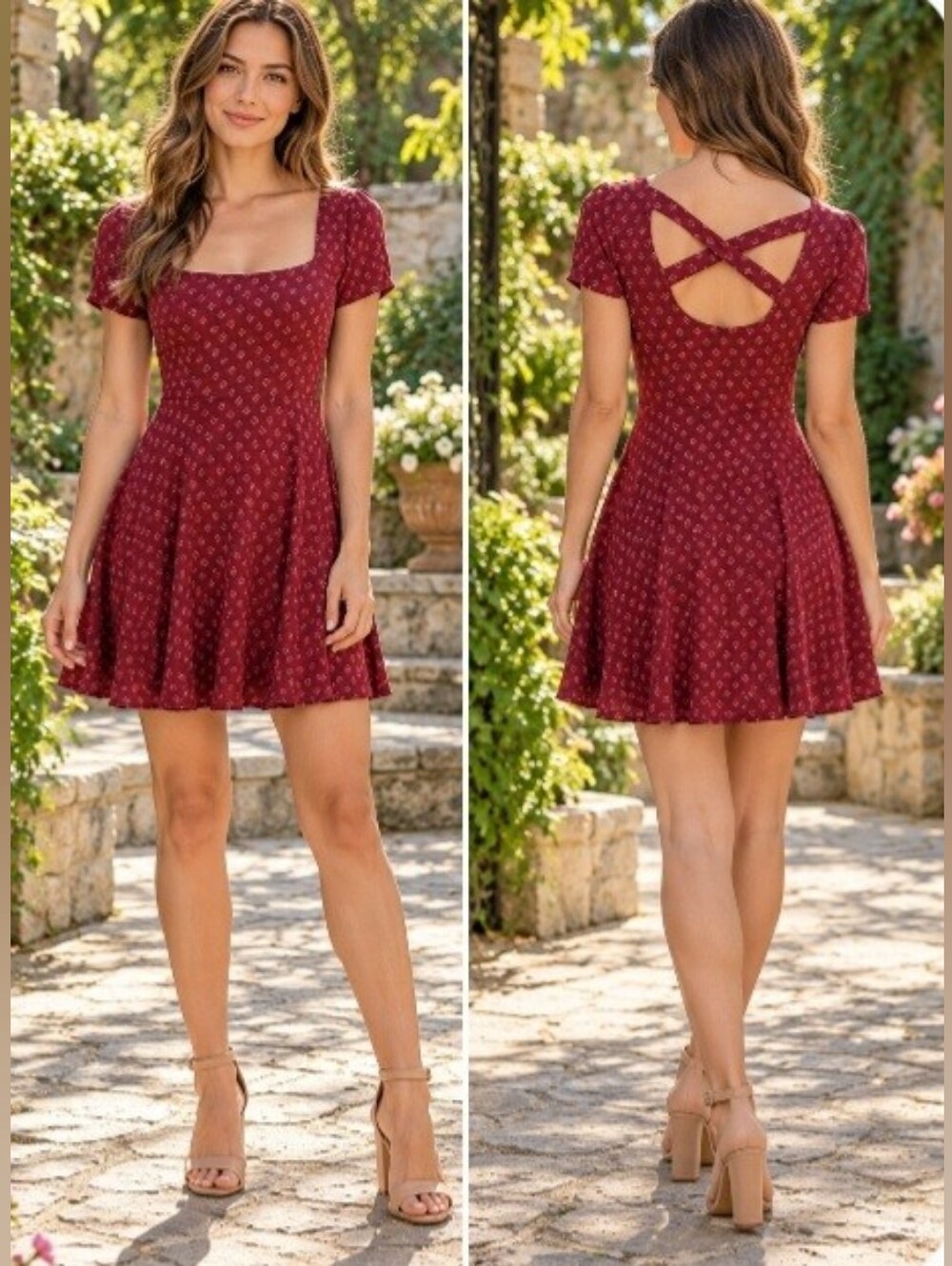 Kimchi Blue Burgundy Floral Print Short Sleeve Crisscross Back Mini Dress Small